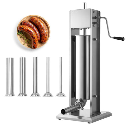 Manual Sausage Stuffer 7L Vertical Sausage Machine Dual-Speed, Food-Grade 304 Stainless Steel Meat Stuffer, Includes 5 Stuffing Tubes, for Home Kitchen Restaurant Commercial