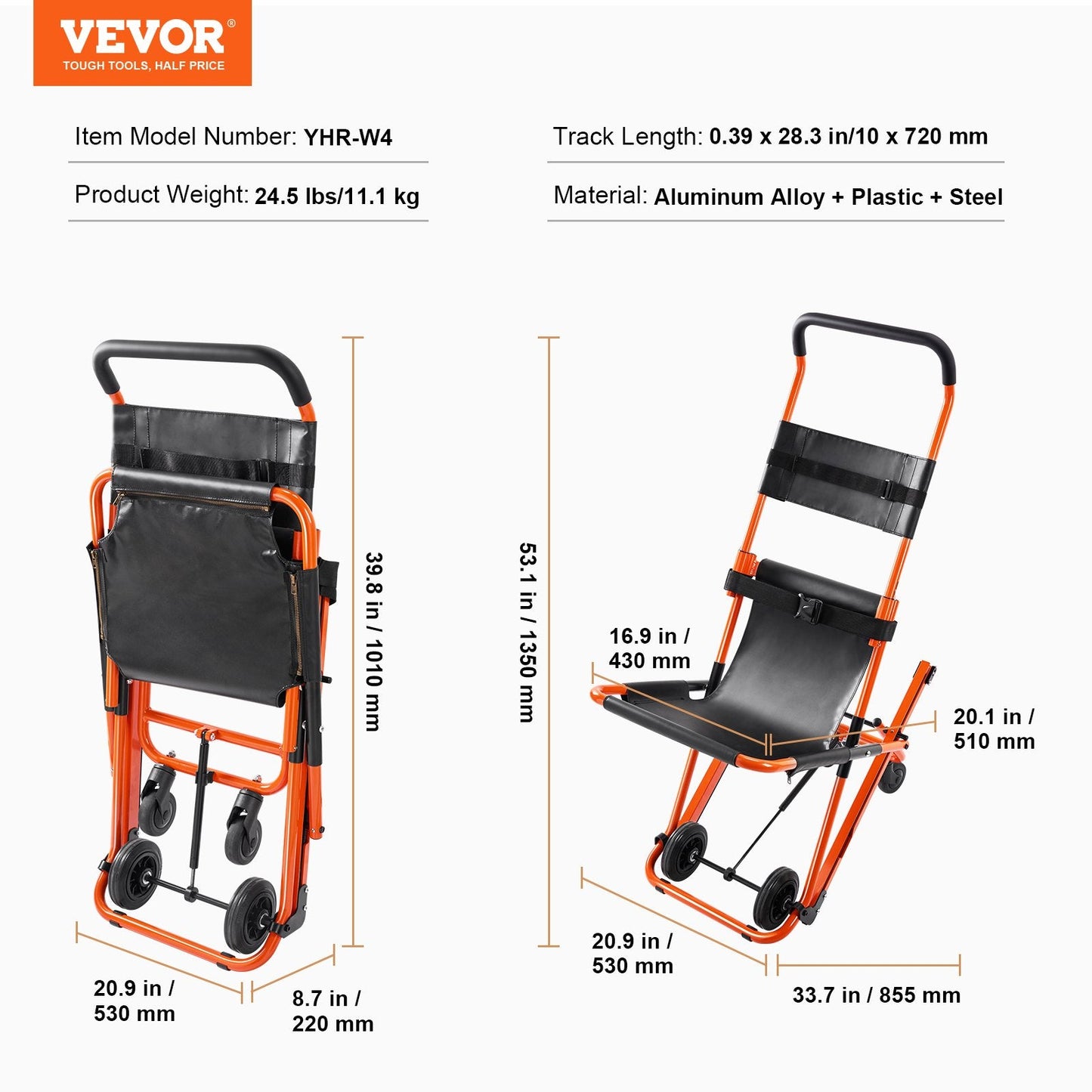 Manual Foldable Stair Chair, 159 kg Capacity, Emergency Use for Elderly & Disabled