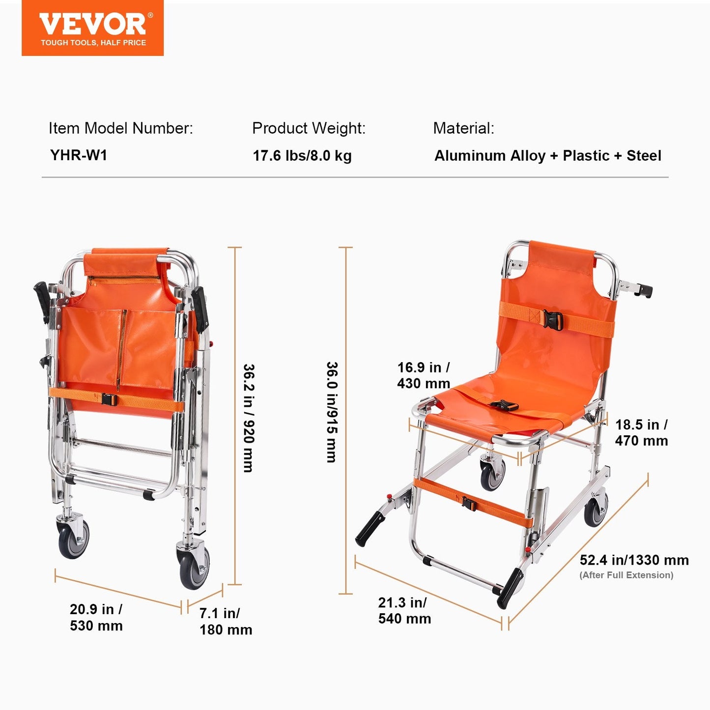 Foldable Aluminum Stair Climbing Chair, 159 kg Capacity, Portable Emergency Use