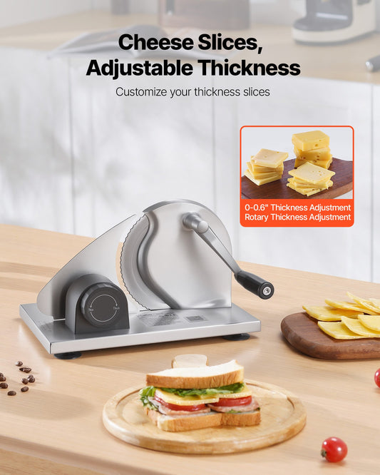Manual Bread Slicer, 0-15mm Adjustable Thickness Cheese Cutter, Hand-Cranked Bread Slicer with Micro-Serrated Stainless Steel Blade for Kitchen, Bakery, Party