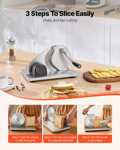 Manual Bread Slicer, 0-15mm Adjustable Thickness Cheese Cutter, Hand-Cranked Bread Slicer with Micro-Serrated Stainless Steel Blade for Kitchen, Bakery, Party