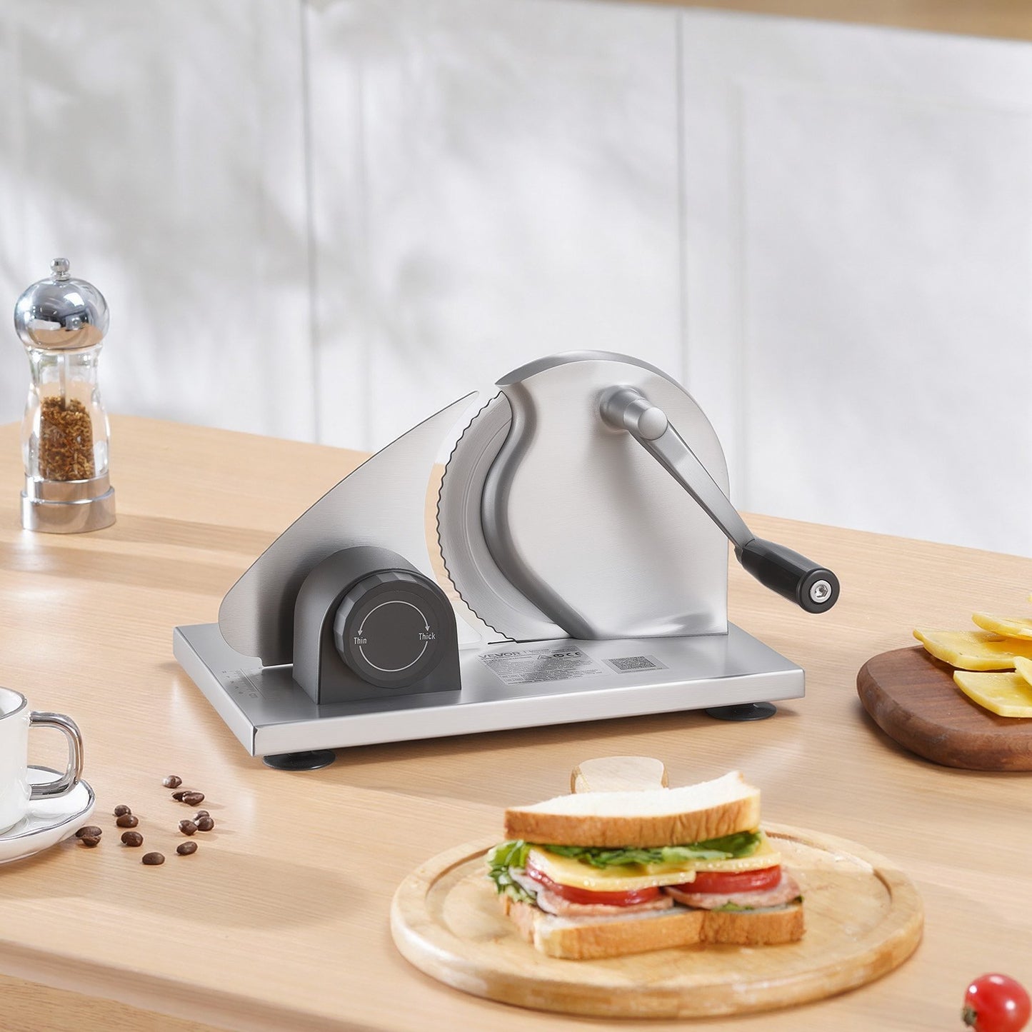 Manual Bread Slicer, 0-15mm Adjustable Thickness Cheese Cutter, Hand-Cranked Bread Slicer with Micro-Serrated Stainless Steel Blade for Kitchen, Bakery, Party