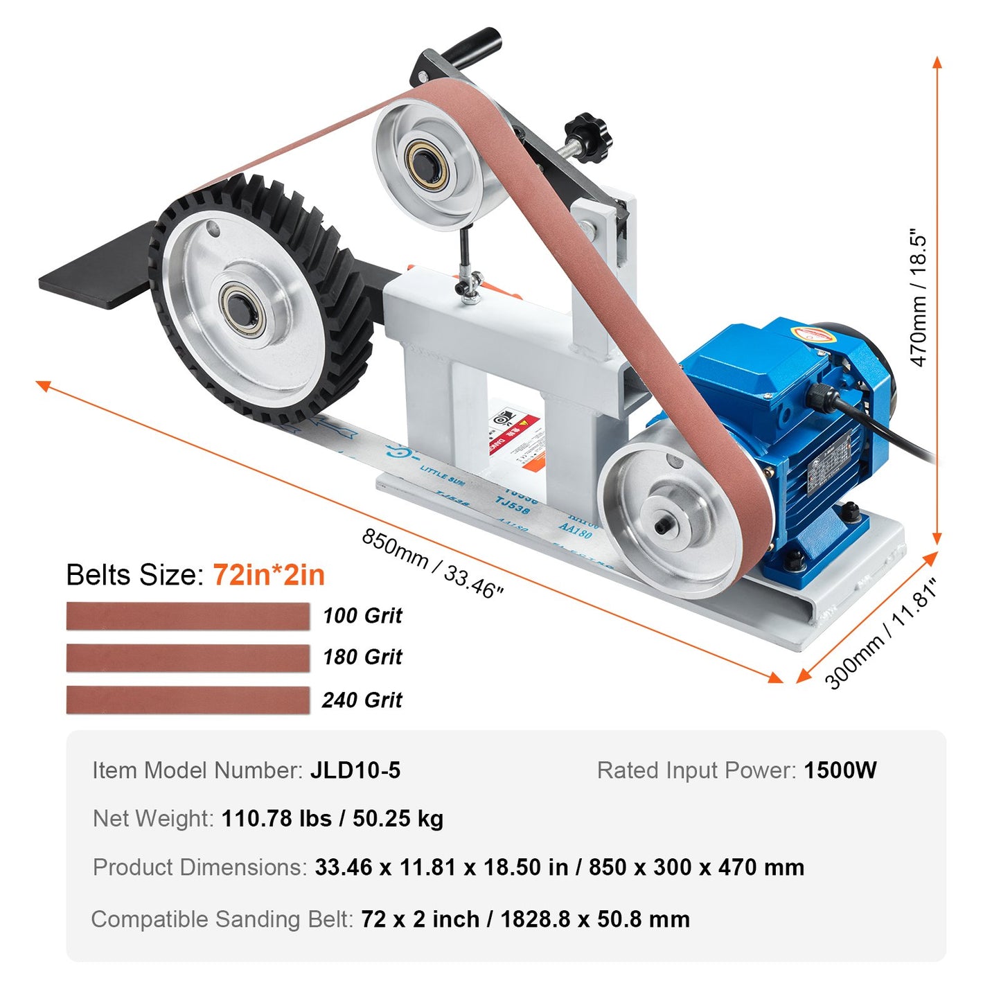 VEVOR Belt Grinder Sander, 72 x 2-Inch Variable Speed Belt Polisher with VFD, 1500W