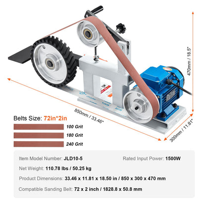 VEVOR Belt Grinder Sander, 72 x 2-Inch Variable Speed Belt Polisher with VFD, 1500W