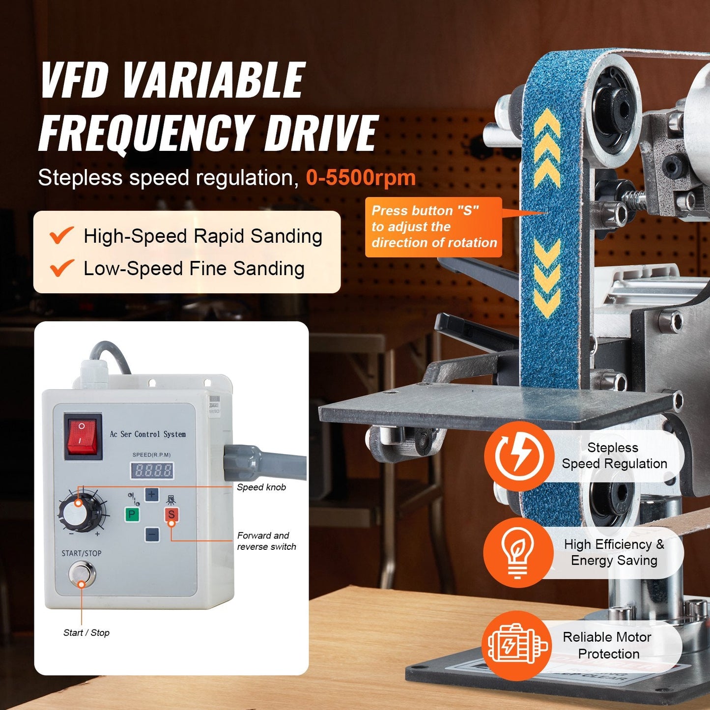 Variable Speed Belt Grinder Sander, 762 x 25.4mm, 550W, for Metal & Knife Work
