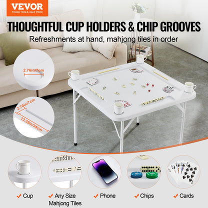 VEVOR Mahjong Table, Square 4 Player Folding Card Table with 4 Cup Holders & 4 Chip
