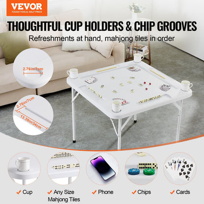 Square Folding Mahjong Table with Cup Holders & Chip Trays, 0.9m x 0.9m, White