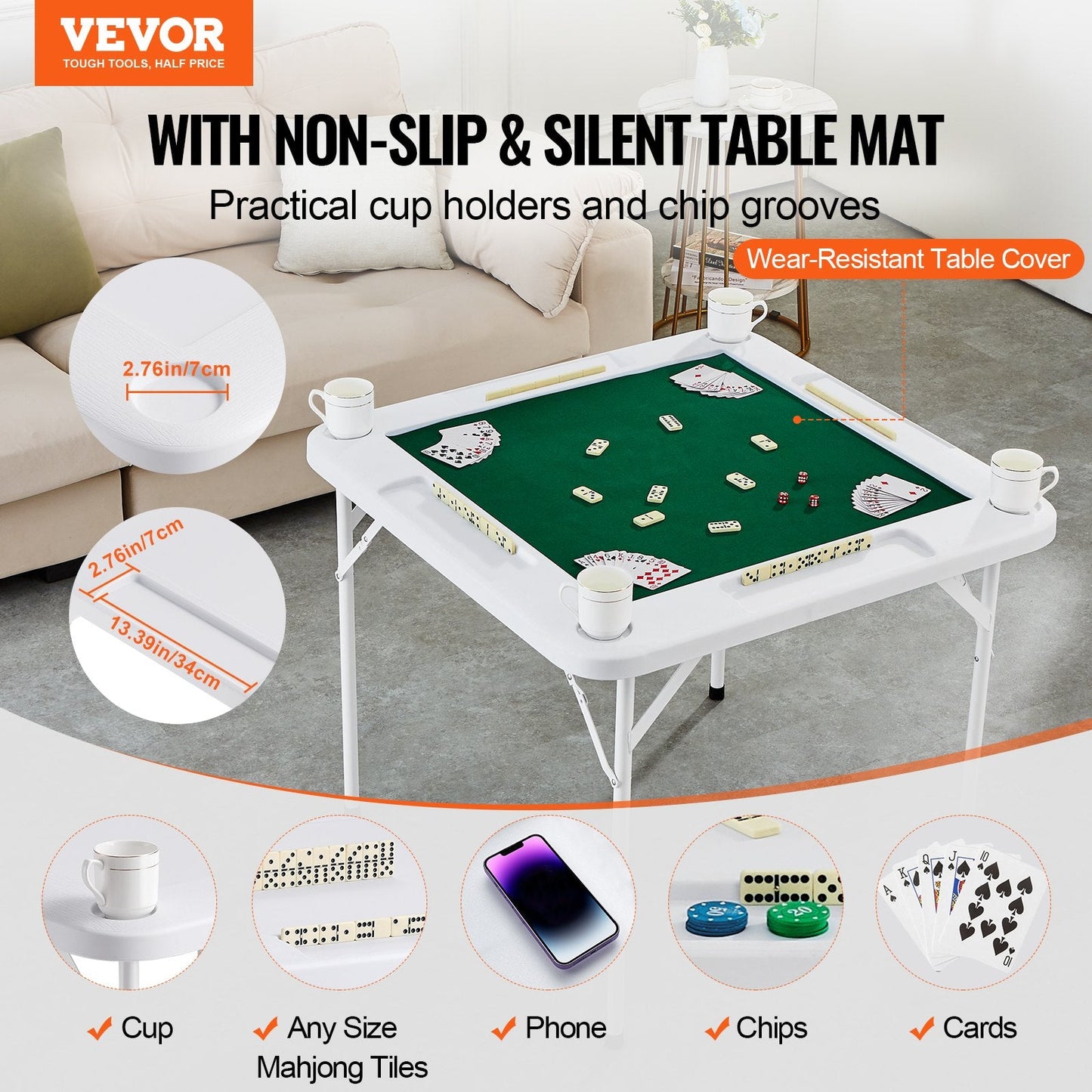 Folding Mahjong & Domino Table with Green Top, 4 Cup Holders, 90x90 cm, Portable
