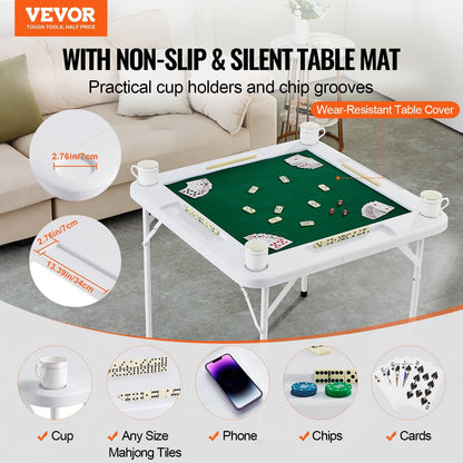 Folding Mahjong & Domino Table with Green Top, 4 Cup Holders, 90x90 cm, Portable