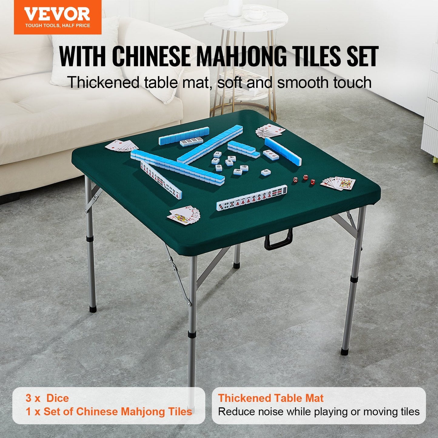 Portable Mahjong Table Set with 144 Tiles, Foldable 4-Player Card Table, White