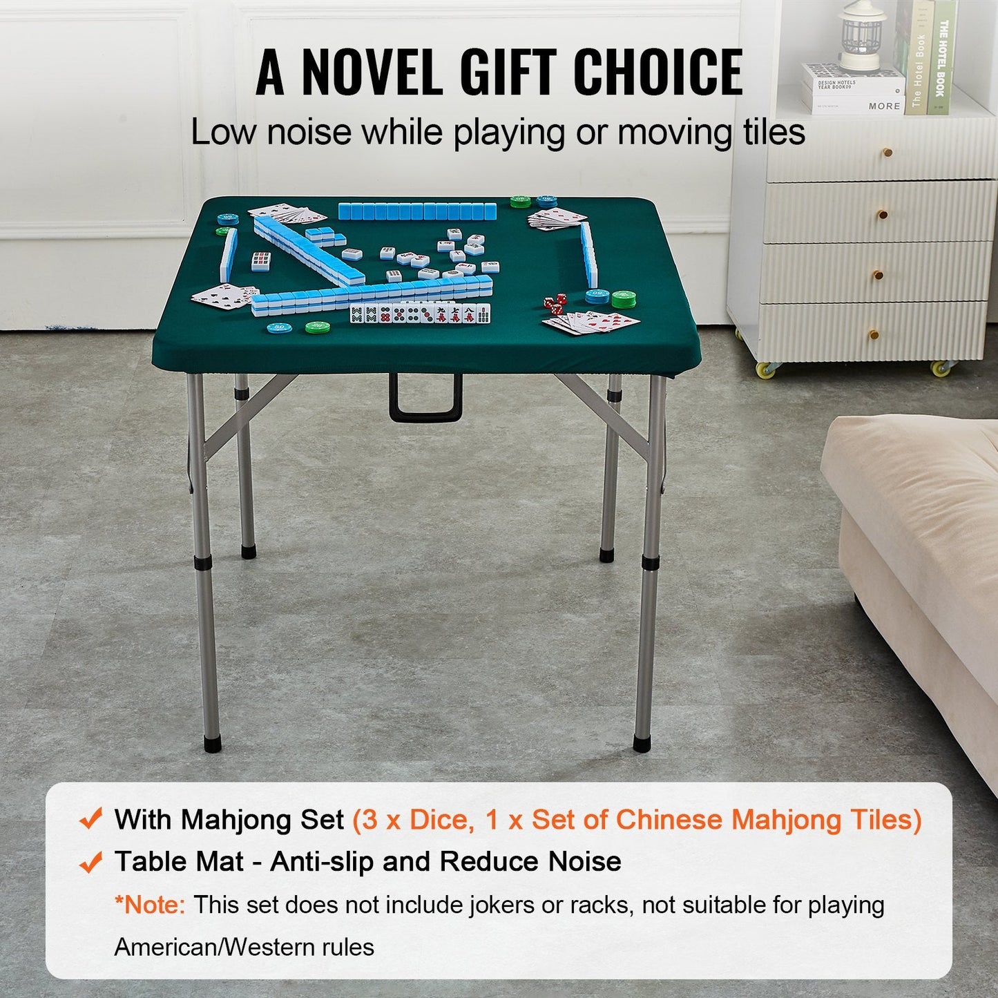 Portable Mahjong Table Set with 144 Tiles, Foldable 4-Player Card Table, White