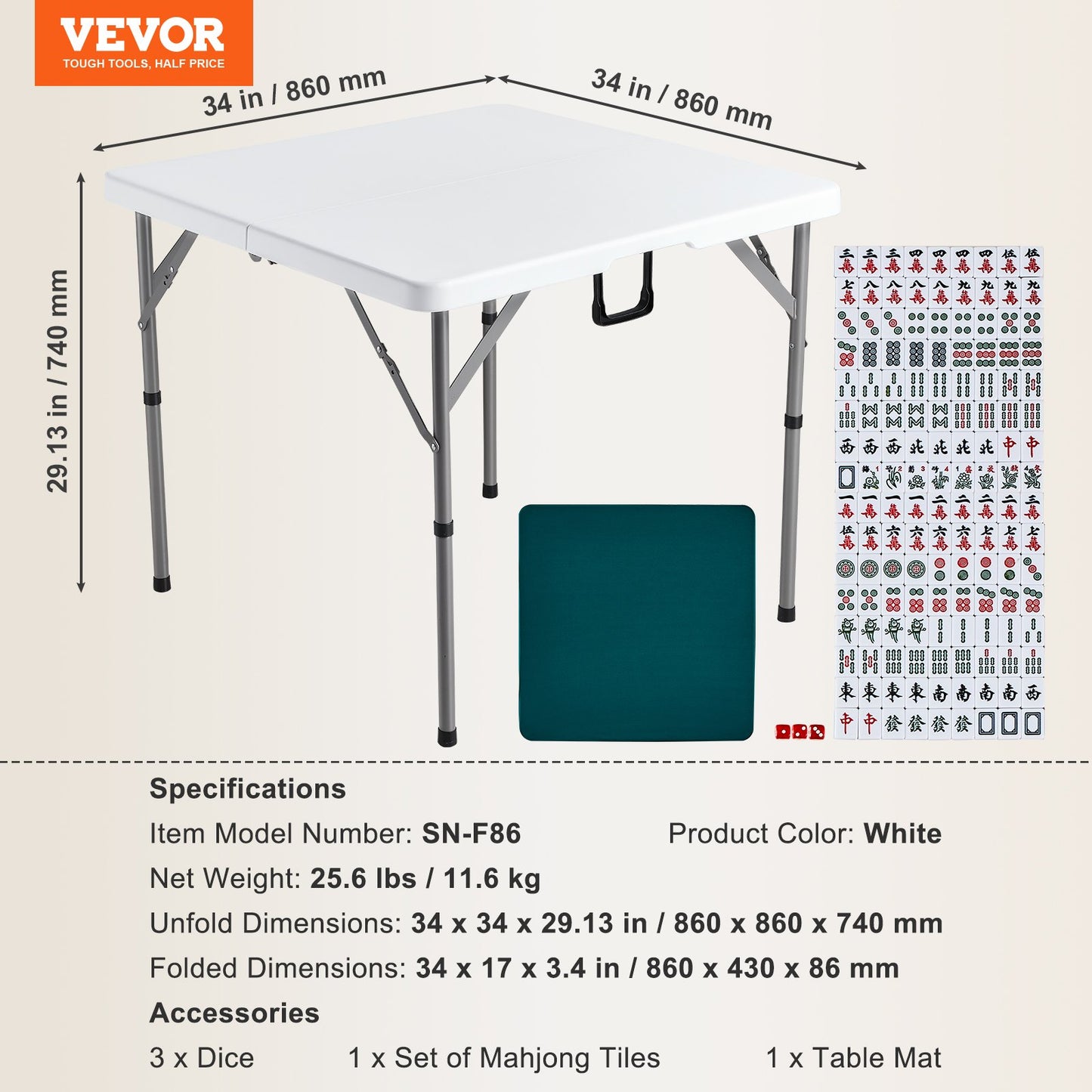 VEVOR Mahjong Table with Mahjong Tiles Set, Fold-in-Half 4 Player Card Table with