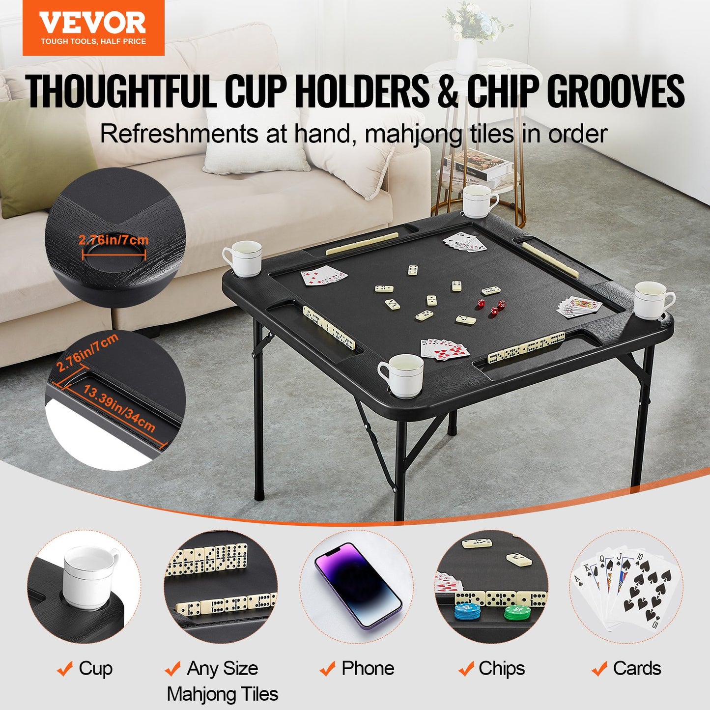 VEVOR Mahjong Table, Square 4 Player Folding Card Table with 4 Cup Holders & 4 Chip