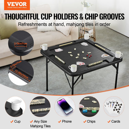 Square Folding Mahjong Table for 4 Players with Cup Holders & Chip Trays, Black