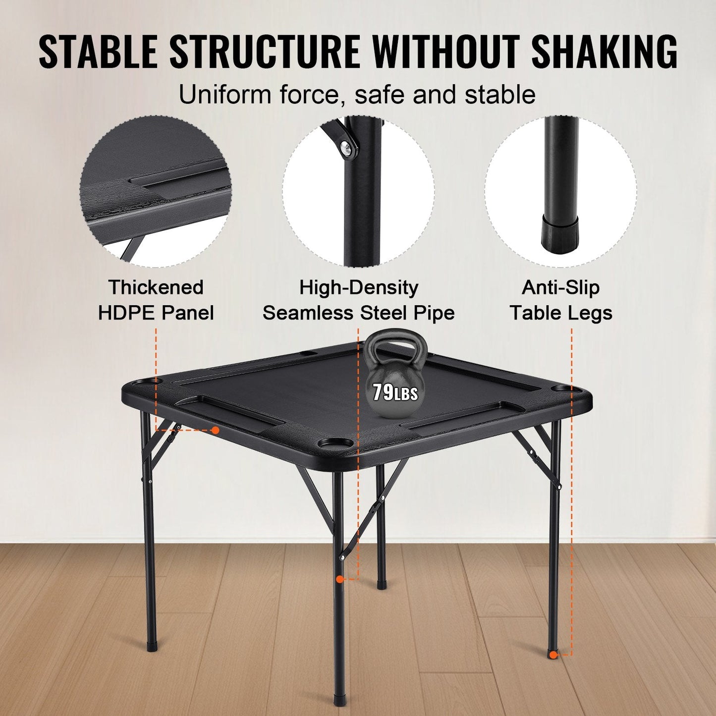 Square Folding Mahjong Table for 4 Players with Cup Holders & Chip Trays, Black
