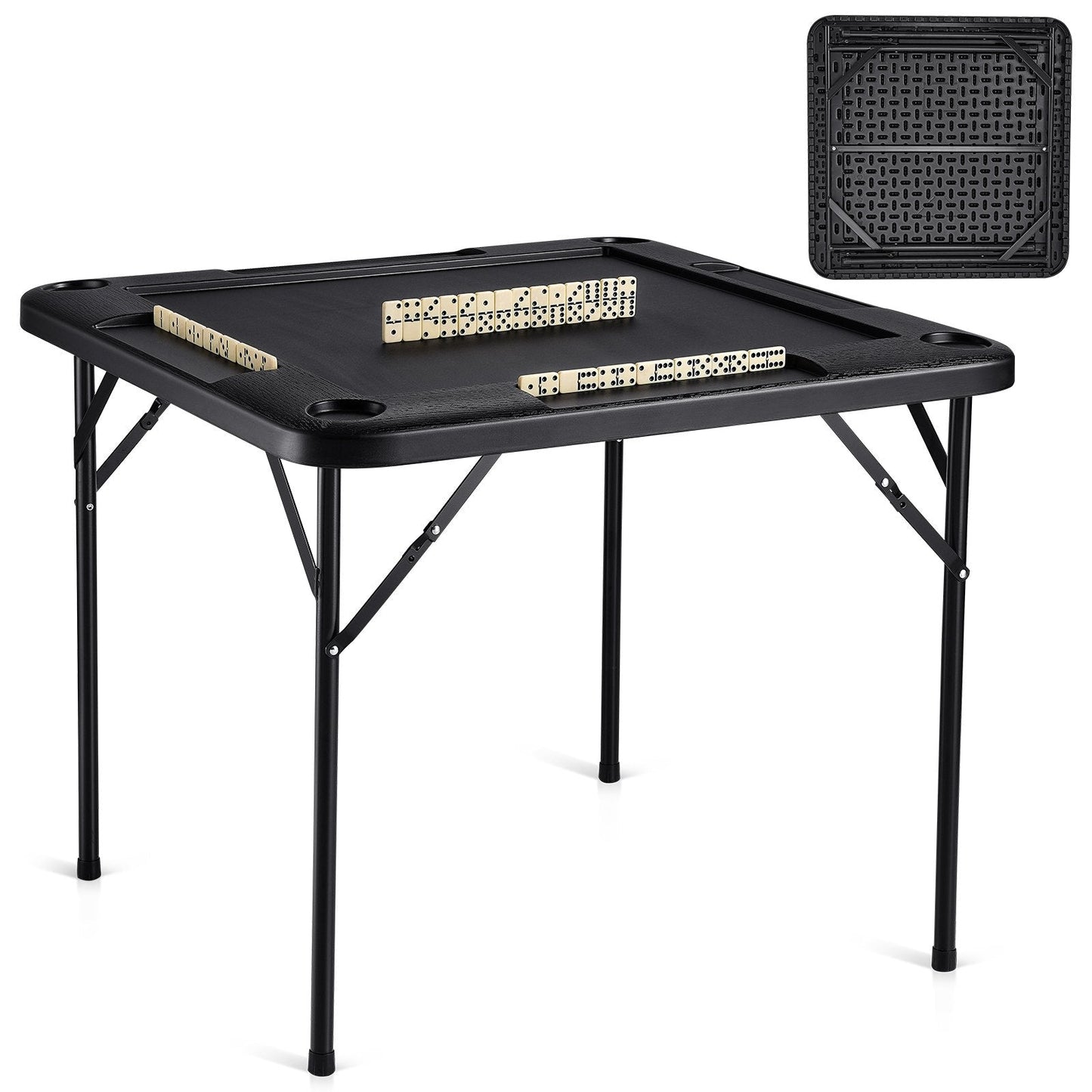 Square Folding Mahjong Table for 4 Players with Cup Holders & Chip Trays, Black