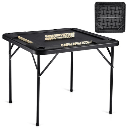 Square Folding Mahjong Table for 4 Players with Cup Holders & Chip Trays, Black