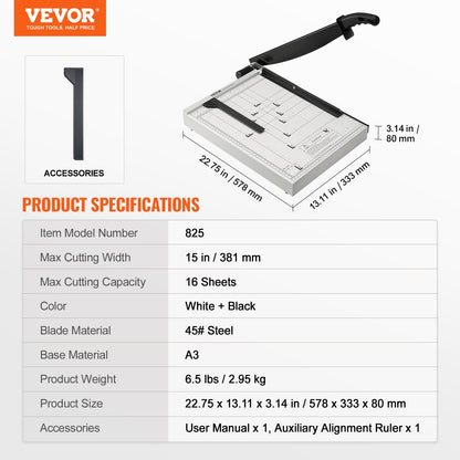 VEVOR Paper Cutter, Guillotine Trimmer, 381 mm Cut Length, 16 Sheets Capacity, Heavy