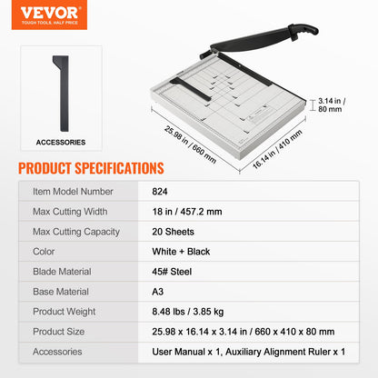 VEVOR Paper Cutter, Guillotine Trimmer, 457 mm Cut Length, 20 Sheets Capacity, Heavy
