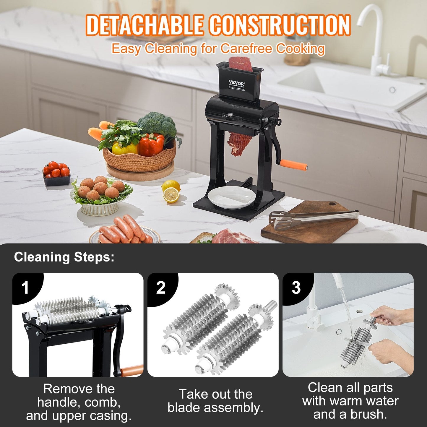 Heavy Duty Manual Meat Tenderizer, Stainless Steel, 148mm Feed Port, 3.4 kg