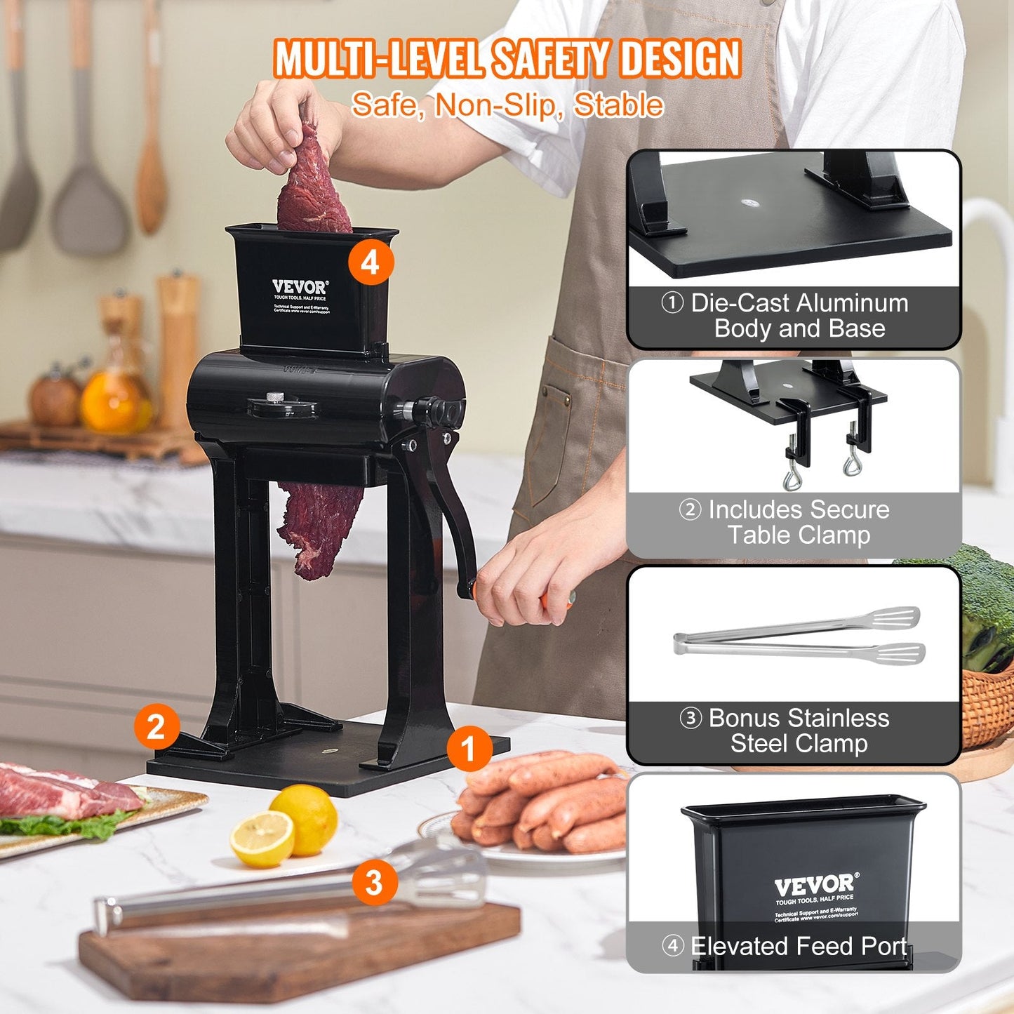 Heavy Duty Manual Meat Tenderizer, Stainless Steel, 148mm Feed Port, 3.4 kg