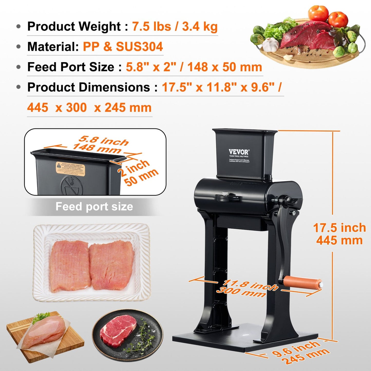 Heavy Duty Manual Meat Tenderizer, Stainless Steel, 148mm Feed Port, 3.4 kg