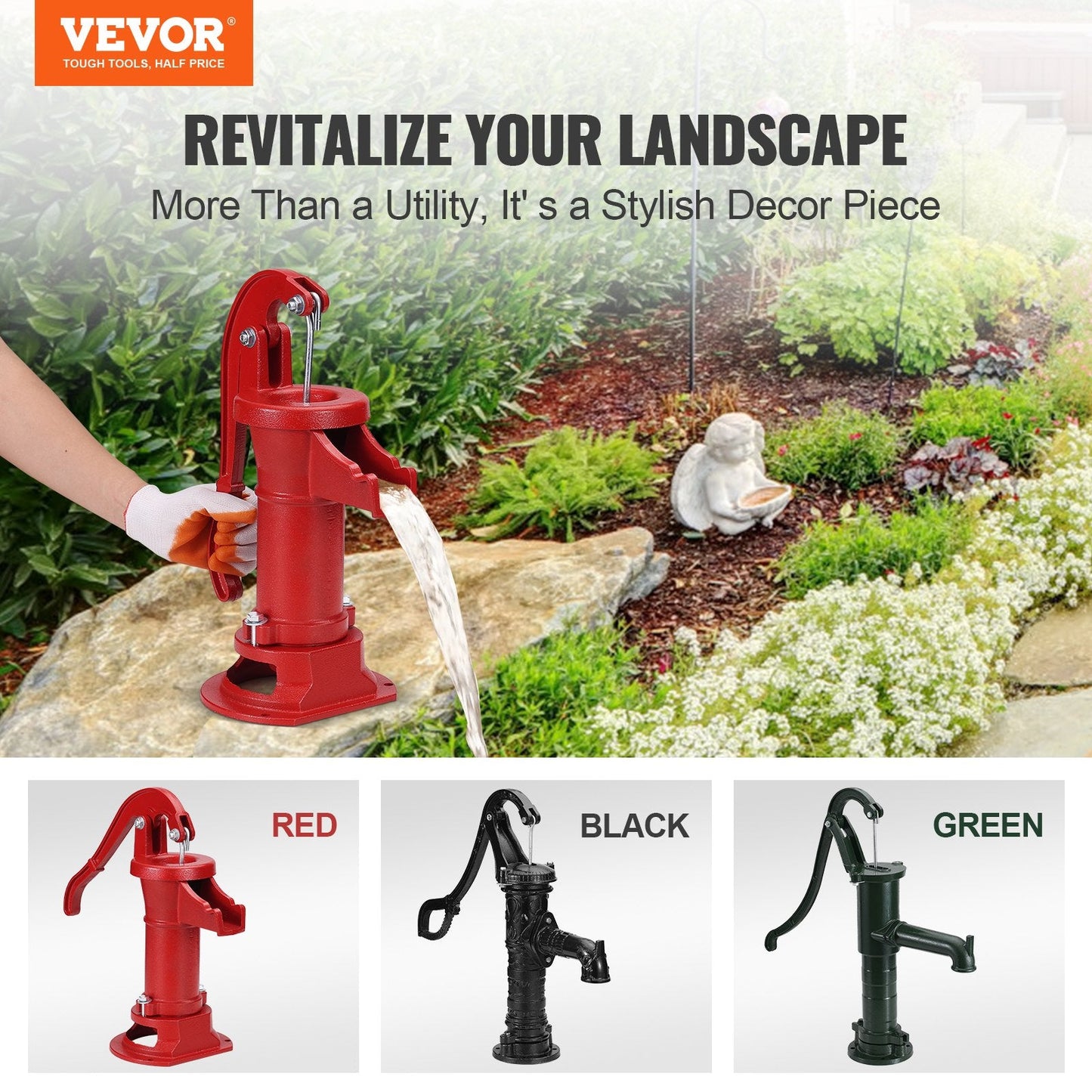 Antique Cast Iron Hand Water Pump, 7.6m Lift for Outdoor Use, Red