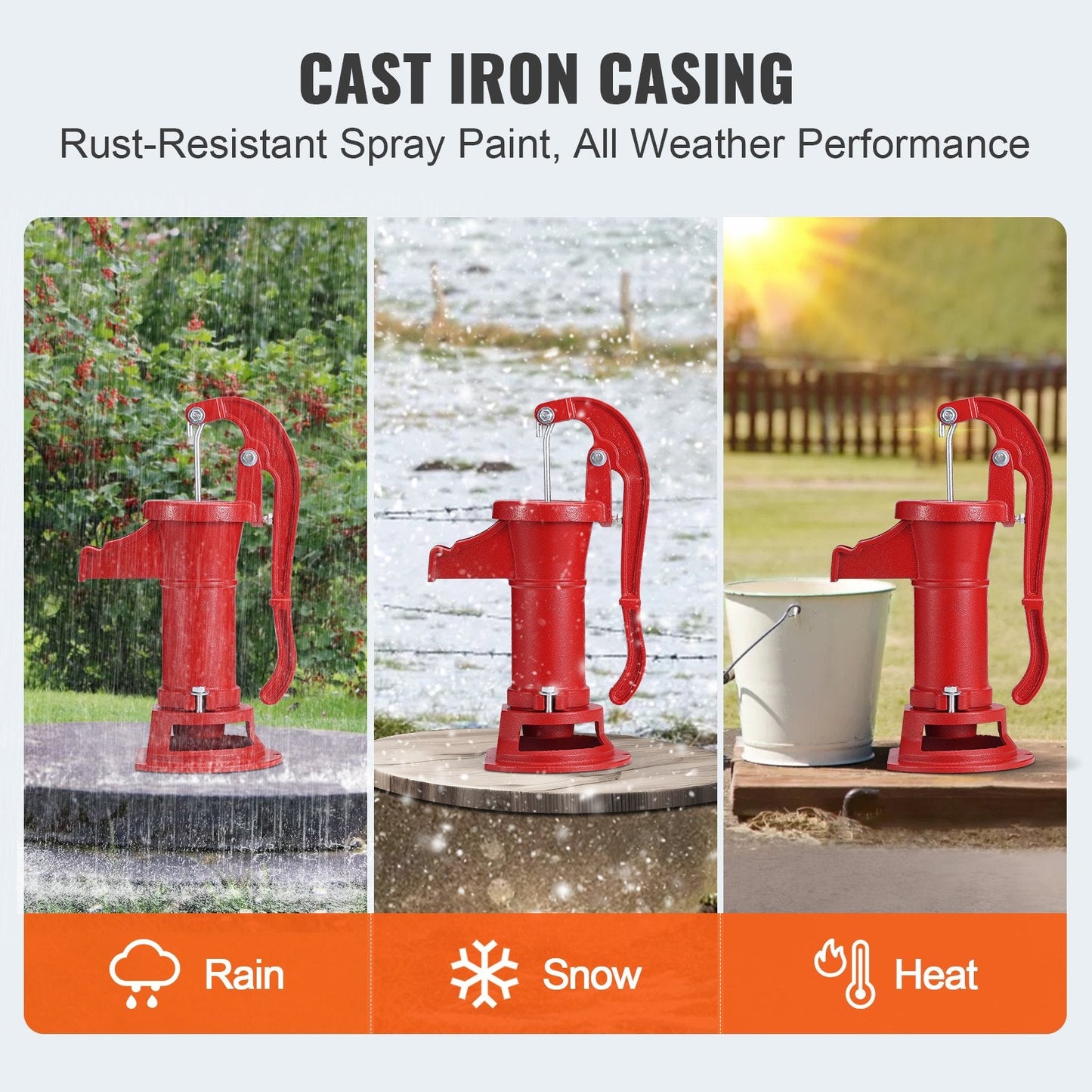 Antique Cast Iron Hand Water Pump, 7.6m Lift for Outdoor Use, Red