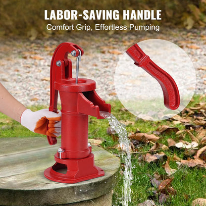 Antique Cast Iron Hand Water Pump, 7.6m Lift for Outdoor Use, Red