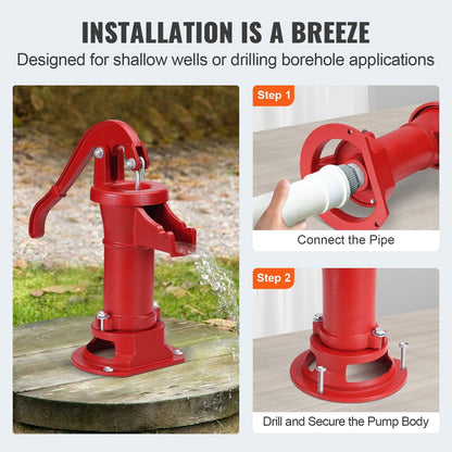 Antique Cast Iron Hand Water Pump, 7.6m Lift for Outdoor Use, Red