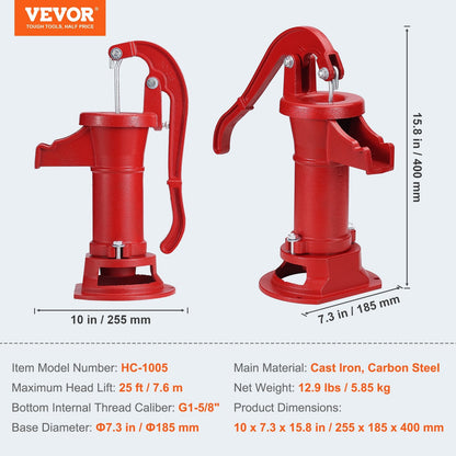 Antique Cast Iron Hand Water Pump, 7.6m Lift for Outdoor Use, Red