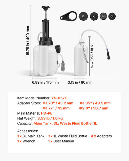 Brake Bleeder Kit, 3L Manual Brake Fluid Bleeding Kit with 1L Waste Bottle & 4 Master Cylinder Adapters, One-Person Professional Brake Fluid Pressure Bleeder for Most Vehicles