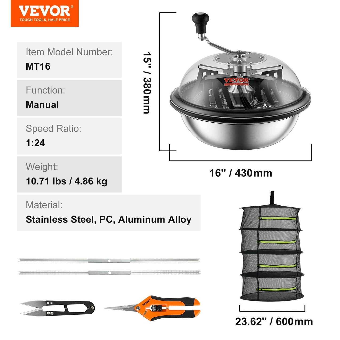 Manual Leaf Bowl Trimmer 0.4m with Stainless-Steel Blades and Drying Bag