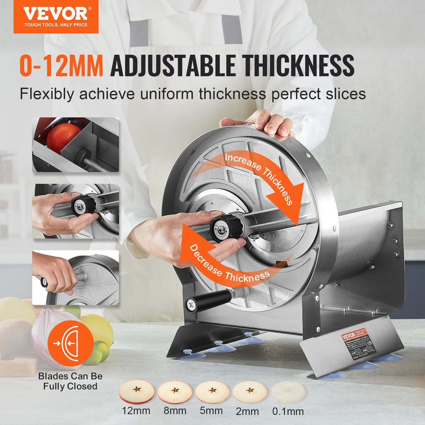 Manual Adjustable Vegetable and Fruit Slicer, 0-12mm, Stainless Steel Cutter