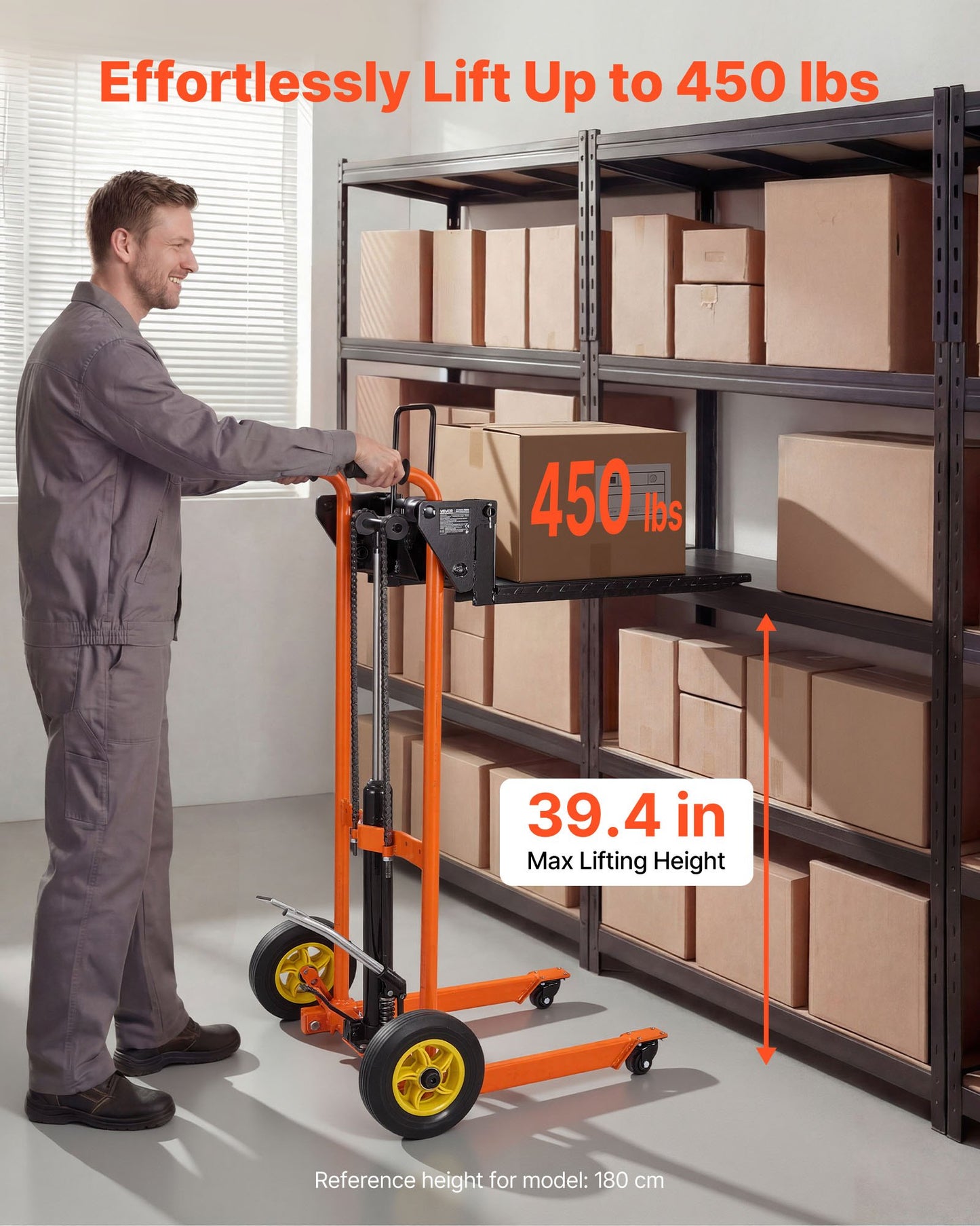 Hydraulic Material Lift Winch Stacker, 205 kg Load Capacity, Pallet Truck Dolly with Fork Lift Table, 1000 mm Max Lifting Height, Foldable & Portable Pallet Jack Table Cart, Orange & Black