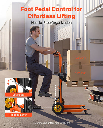 Hydraulic Material Lift Winch Stacker, 205 kg Load Capacity, Pallet Truck Dolly with Fork Lift Table, 1000 mm Max Lifting Height, Foldable & Portable Pallet Jack Table Cart, Orange & Black