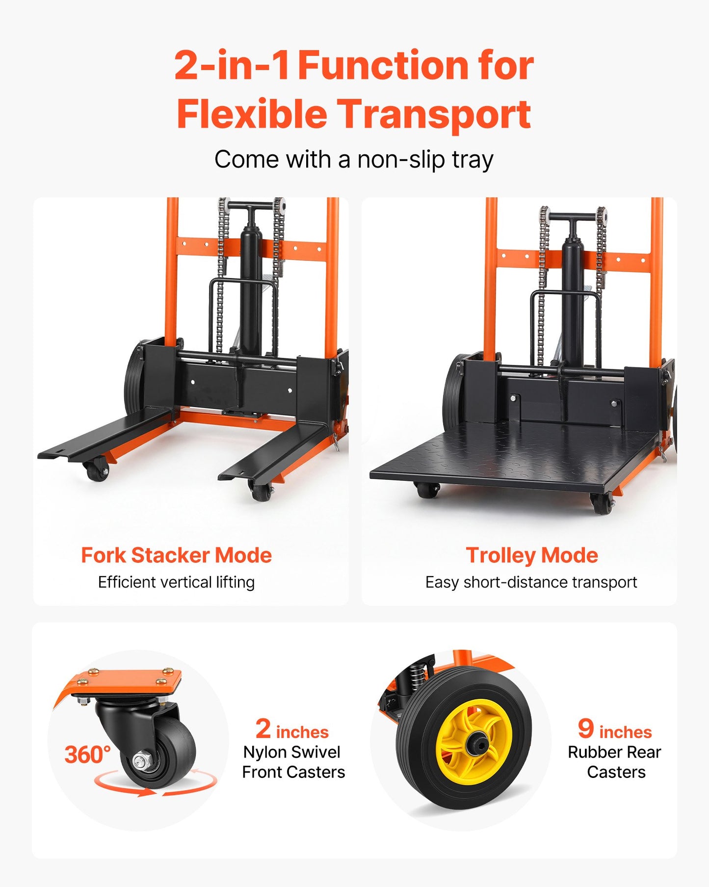 Hydraulic Material Lift Winch Stacker, 205 kg Load Capacity, Pallet Truck Dolly with Fork Lift Table, 1000 mm Max Lifting Height, Foldable & Portable Pallet Jack Table Cart, Orange & Black