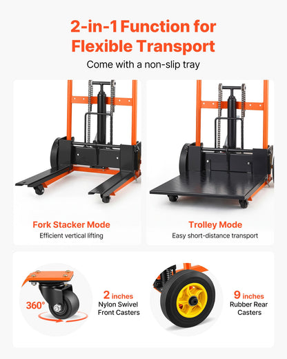 Hydraulic Material Lift Winch Stacker, 205 kg Load Capacity, Pallet Truck Dolly with Fork Lift Table, 1000 mm Max Lifting Height, Foldable & Portable Pallet Jack Table Cart, Orange & Black