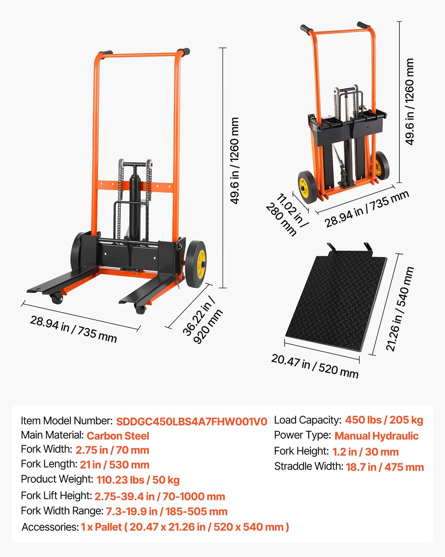 Hydraulic Material Lift Winch Stacker, 205 kg Load Capacity, Pallet Truck Dolly with Fork Lift Table, 1000 mm Max Lifting Height, Foldable & Portable Pallet Jack Table Cart, Orange & Black