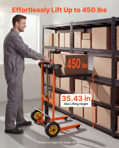 Hydraulic Material Lift Winch Stacker, 205 kg Load Capacity, Pallet Truck Dolly with Fork Lift Table, 900 mm Max Lifting Height, Foldable & Portable Pallet Jack Table Cart, Orange & Black