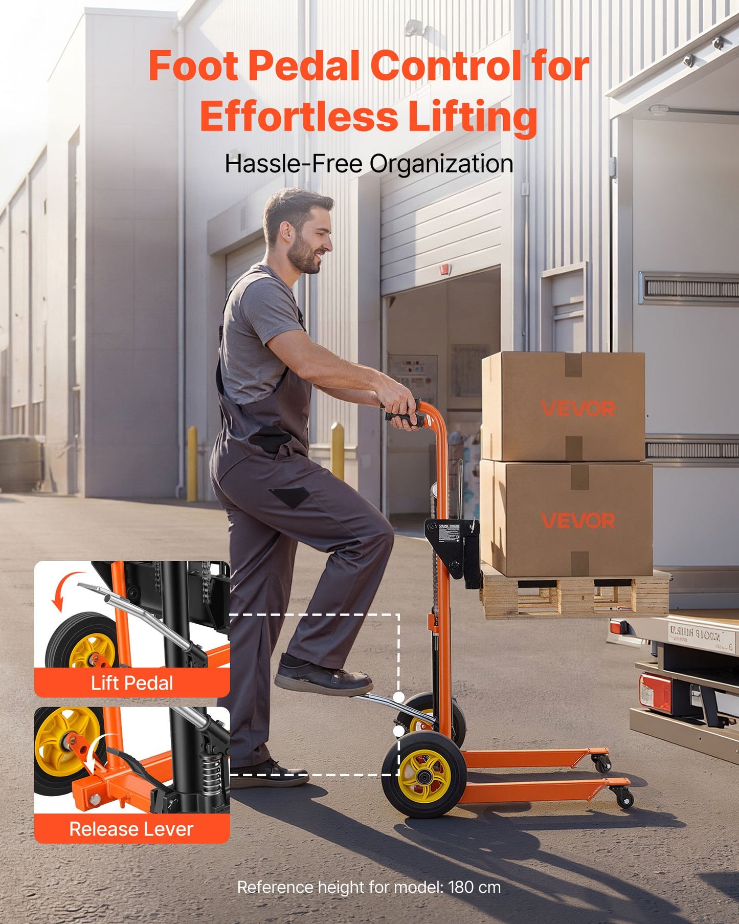 Hydraulic Material Lift Winch Stacker, 205 kg Load Capacity, Pallet Truck Dolly with Fork Lift Table, 900 mm Max Lifting Height, Foldable & Portable Pallet Jack Table Cart, Orange & Black
