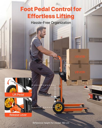 Hydraulic Material Lift Winch Stacker, 205 kg Load Capacity, Pallet Truck Dolly with Fork Lift Table, 900 mm Max Lifting Height, Foldable & Portable Pallet Jack Table Cart, Orange & Black