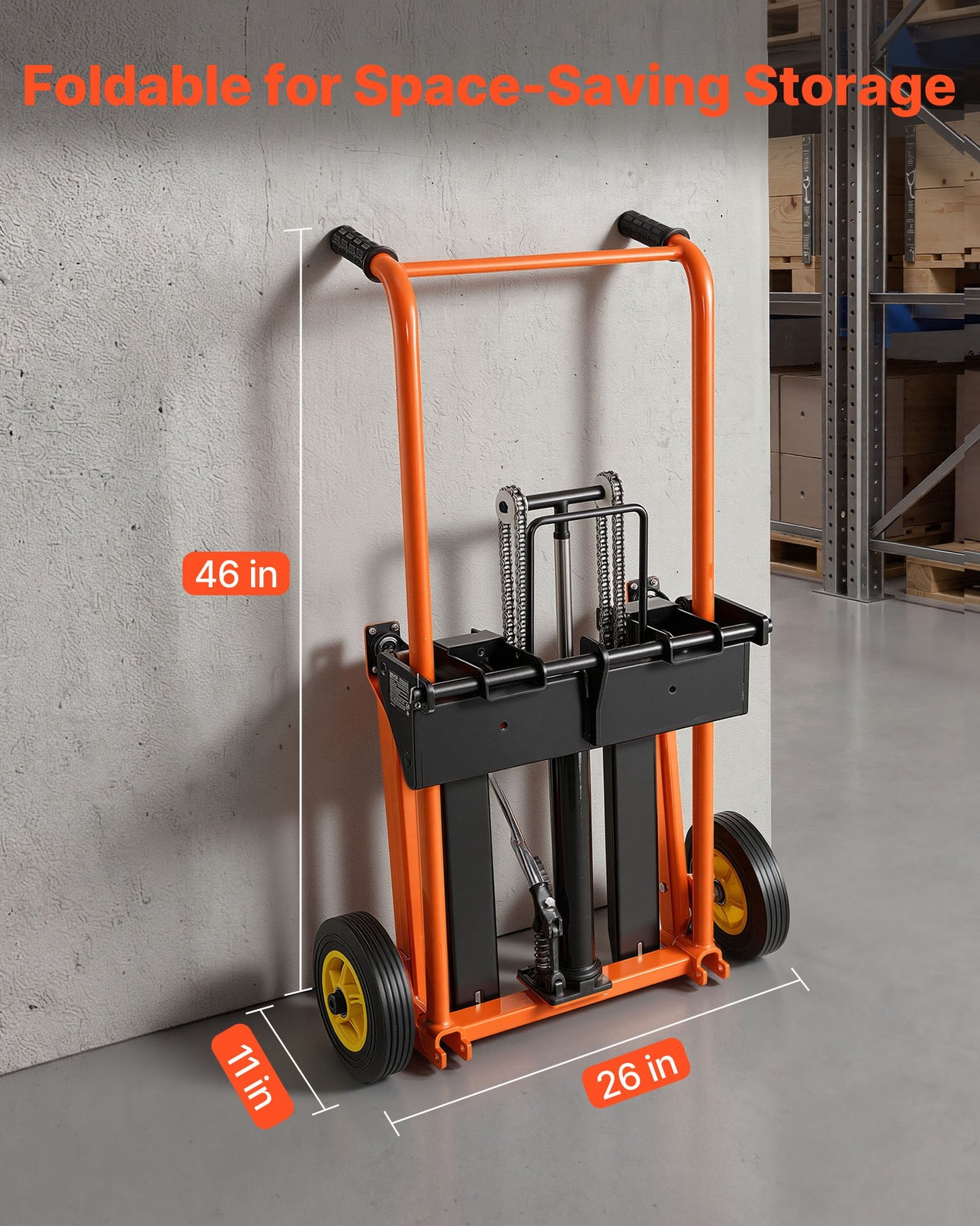 Hydraulic Material Lift Winch Stacker, 205 kg Load Capacity, Pallet Truck Dolly with Fork Lift Table, 900 mm Max Lifting Height, Foldable & Portable Pallet Jack Table Cart, Orange & Black