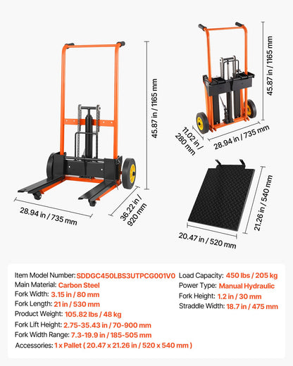 Hydraulic Material Lift Winch Stacker, 205 kg Load Capacity, Pallet Truck Dolly with Fork Lift Table, 900 mm Max Lifting Height, Foldable & Portable Pallet Jack Table Cart, Orange & Black