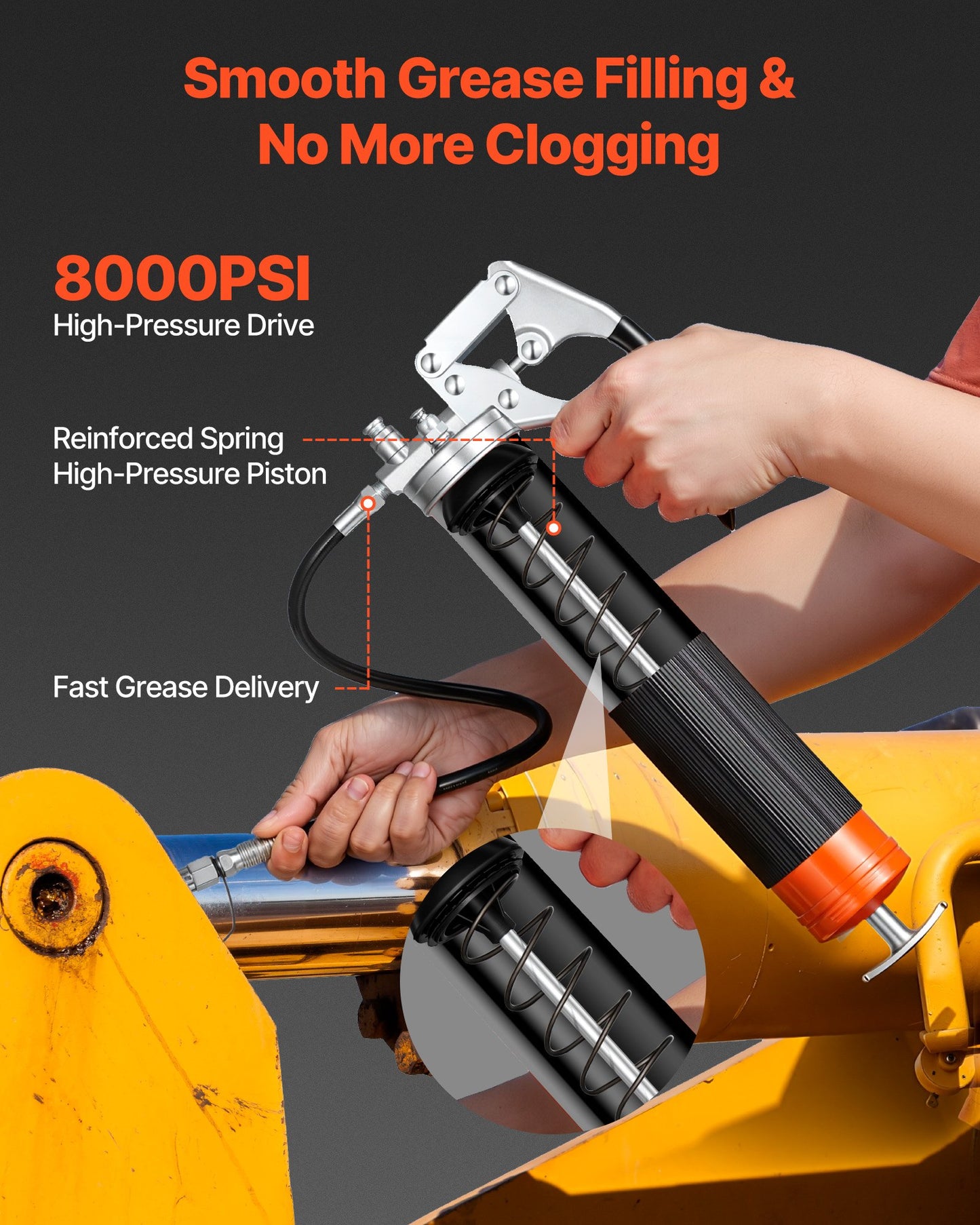 Grease Gun, 8000 PSI High Pressure, Heavy Duty Pistol Grip Grease Gun Kit with 0.4 L Capacity, Includes 46 cm Flex Hose, 1 Extension Rigid Pipe and 1 Sharp Type Nozzle for Automotive, Marine