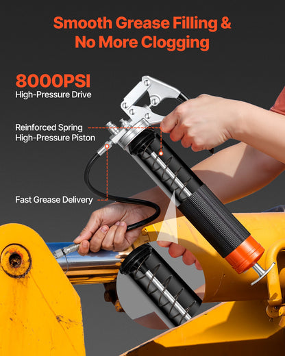Grease Gun, 8000 PSI High Pressure, Heavy Duty Pistol Grip Grease Gun Kit with 0.4 L Capacity, Includes 46 cm Flex Hose, 1 Extension Rigid Pipe and 1 Sharp Type Nozzle for Automotive, Marine