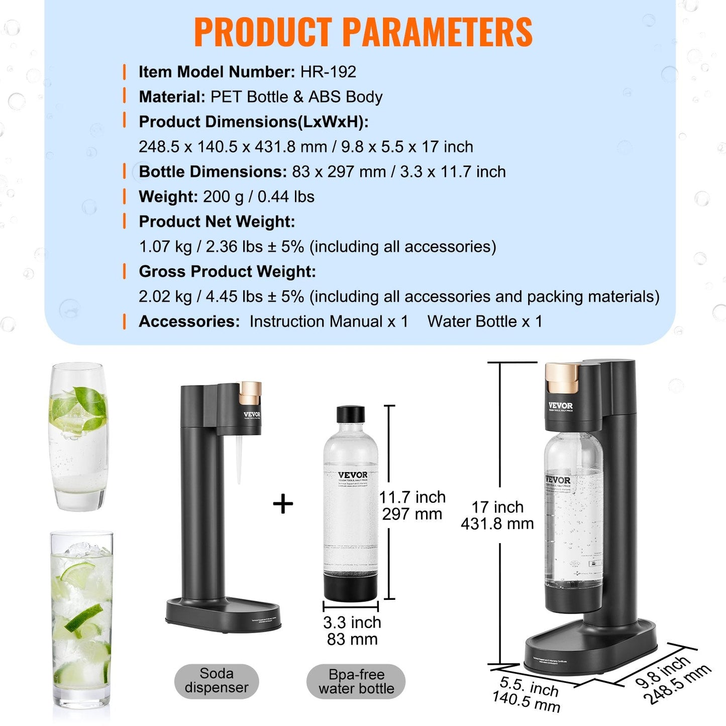 Home Soda Maker with 1L Bottle, Black - Compatible with 60L CO2 Cylinder