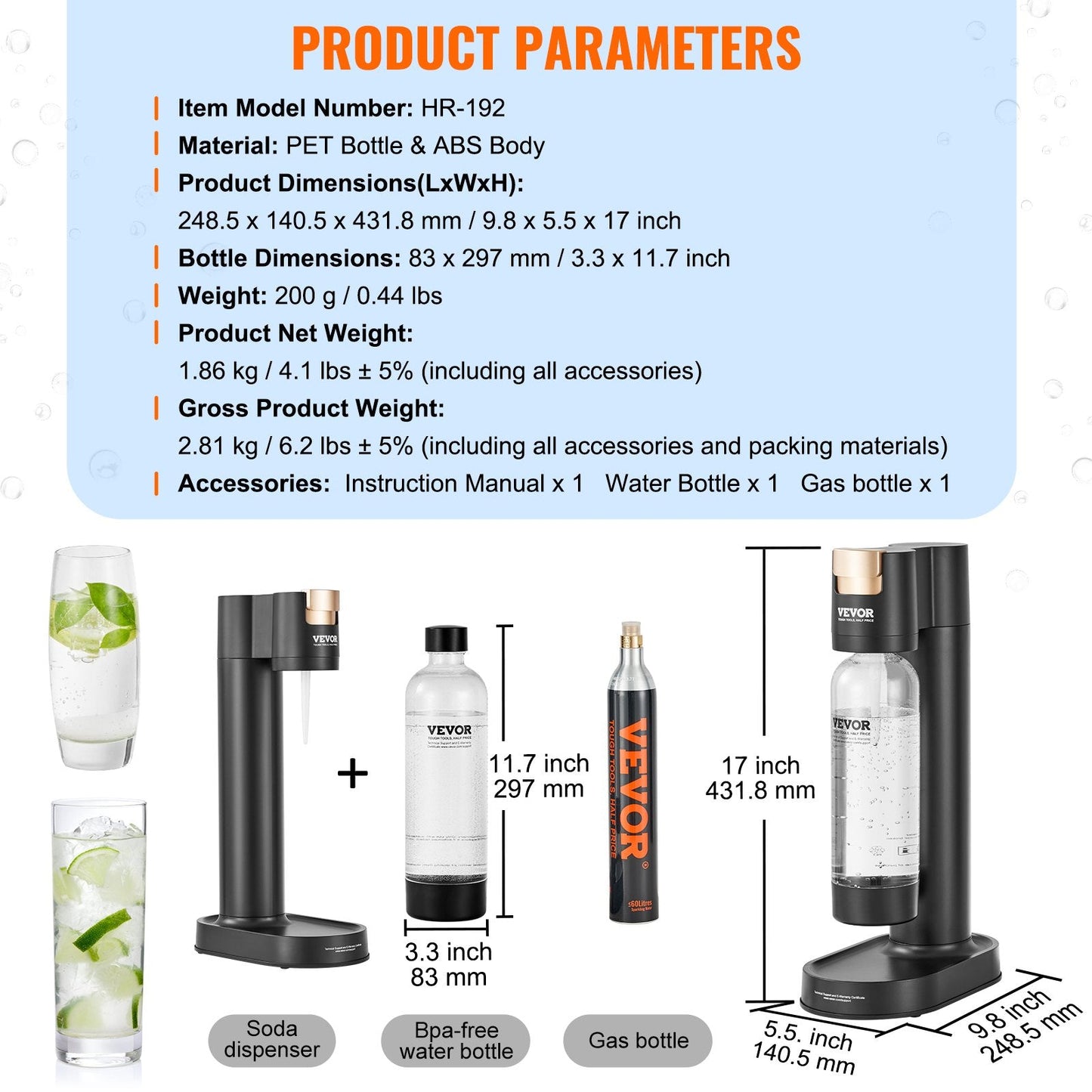 Home Soda Maker with 1L Bottle & CO2 Cylinder, 1.86 kg - HR-192-AUS