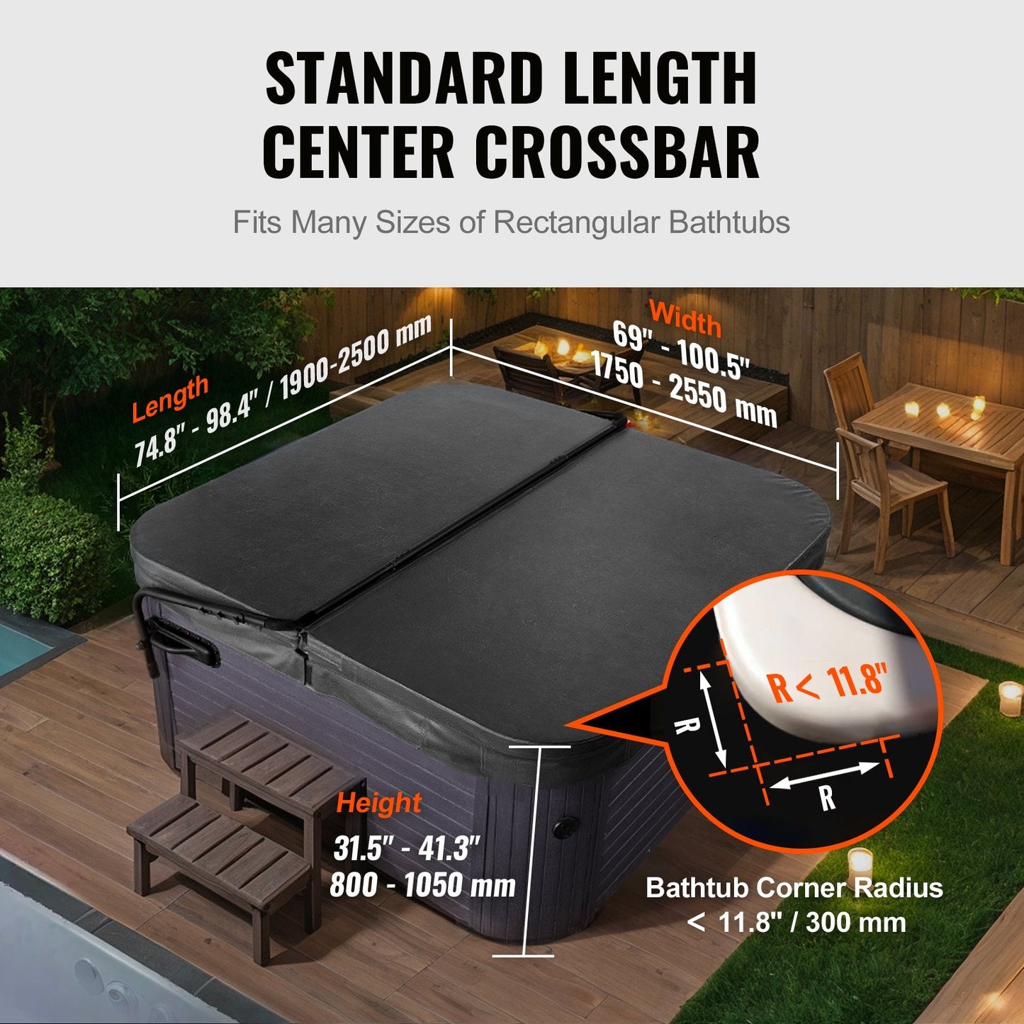 Adjustable Hot Tub Cover Lift for Rectangular Spas, Height 0.8-1.05m, Width 1.75-2.55m