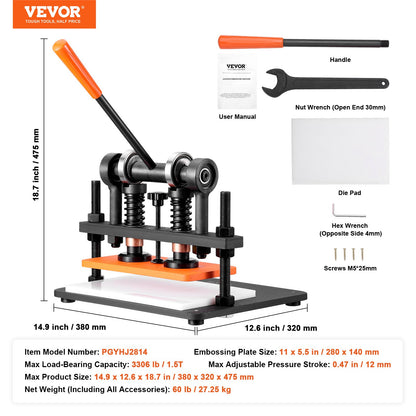 VEVOR Leather Cutting Machine, 11 x 5.5 in Embossing Plate Manual Die Cutter, 0.47